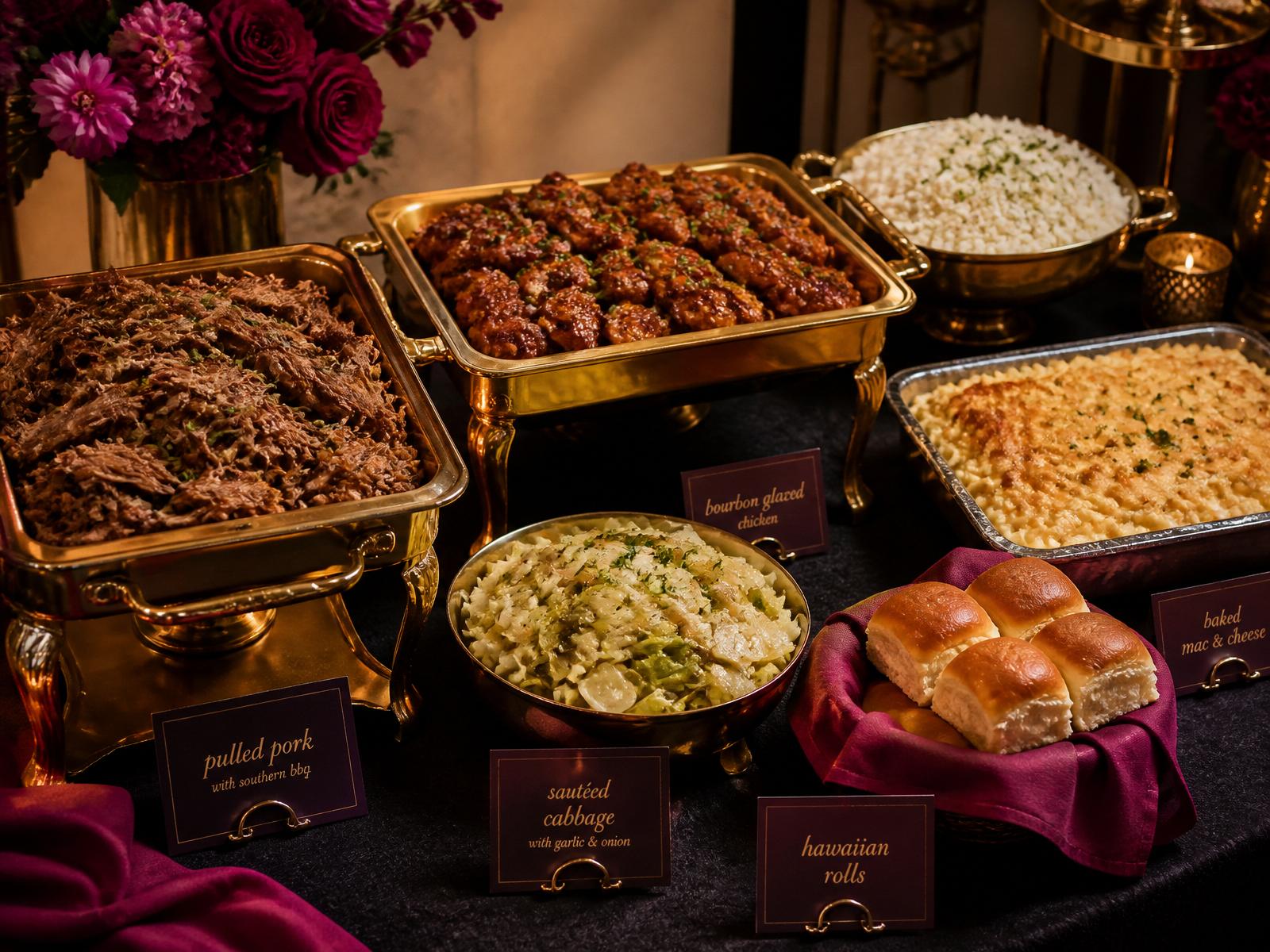 Full-service buffet catering spread with pulled pork, bourbon chicken, jasmine rice, mac and cheese, Winston-Salem NC
